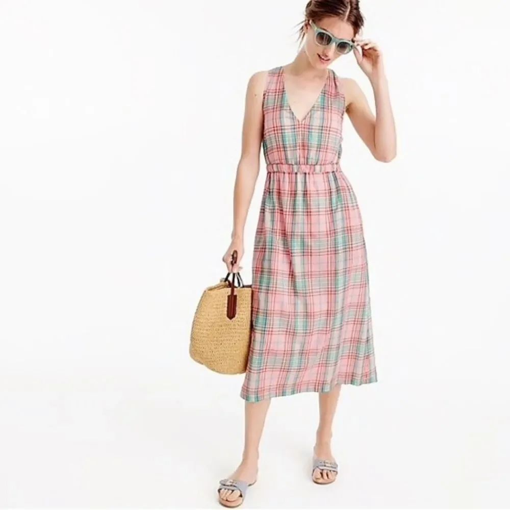 J. Crew Midi Dress in Vintage Pink Plaid Criss-cross Back Summer Women's L NEW